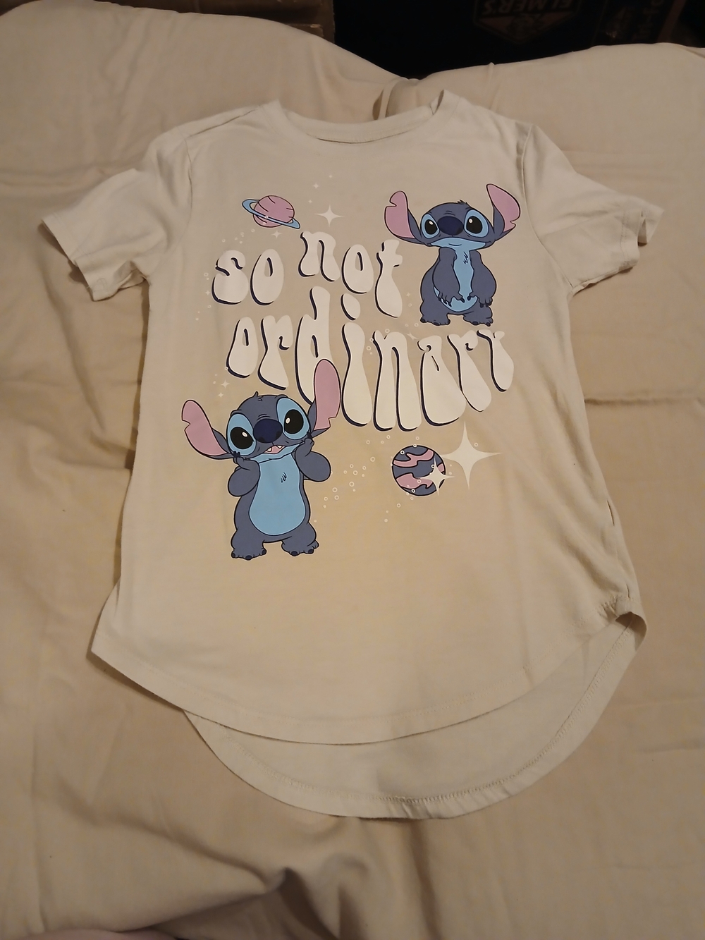 Disney Cream Lilo & Stitch Graphic Tee with Blue and Pink Accents